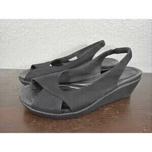 Crocs Leigh Ann Wedge Sandals Womens 10 Black Canvas Slingback Peep Toe 204948